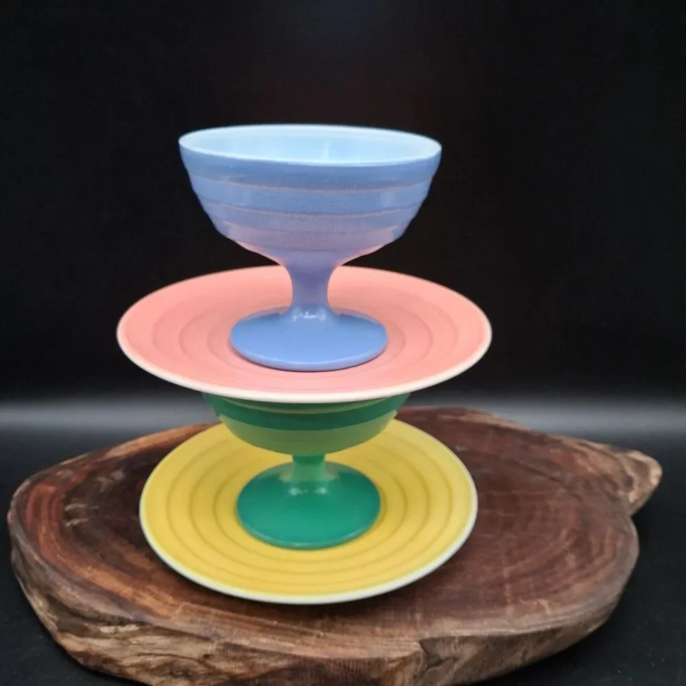 Vtg Hazel Atlas Moderntone Platonite 4pc Pastel Mixed Set Blue Green Yellow Pink